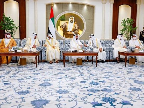 A reception was hosted by His Highness Sheikh Mohammed bin Rashid Al Maktoum, Vice President, Prime Minister and Ruler of Dubai; and His Highness Sheikh Mohamed bin Zayed Al Nahyan, Crown Prince of Abu Dhabi and Deputy Supreme Commander of the UAE Armed Forces; for Their Highnesses the Supreme Council Members and the Rulers of the Emirates, and Their Highnesses the Crown Princes and Deputy Rulers, at Al Mushrif Palace in Abu Dhabi.