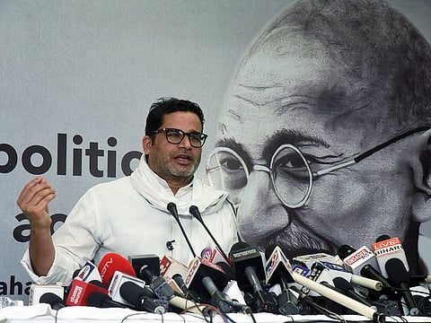 Poll Strategist Prashant Kishore addresses a press conference, at Gyan Bhawan, in Patna