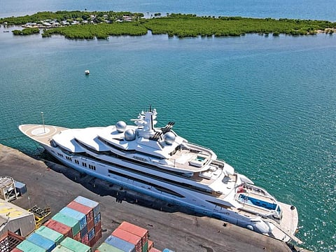 The superyacht Amadea is docked at the Queens Wharf in Lautoka, Fiji, on April 15 2022.