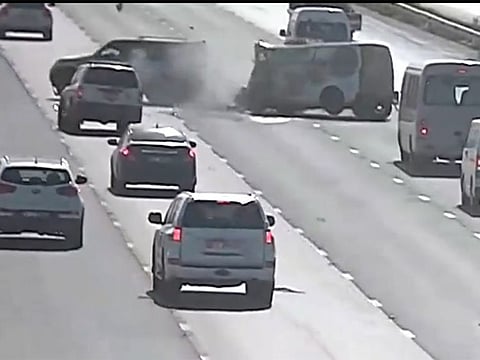 A video grab of an accident involving several vehicles in Abu Dhabi. The accident happened after an SUV stopped in the middle of the road.