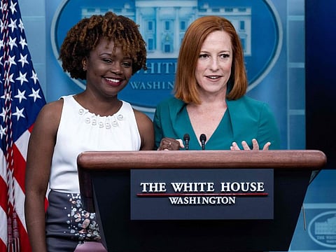 White House Press Secretary Jen Psaki (R) speaks flanked by current Principal Deputy Press Secretary Karine Jean-Pierre during a press briefing in the Brady Press Briefing Room of the White House in Washington, DC, May 5, 2022, after it was announced Psaki would step down from her role next week and be replaced by Jean-Pierre.