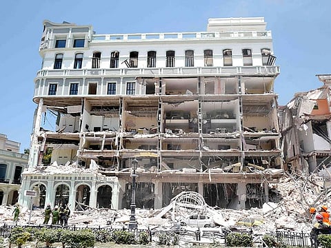 View of the Saratoga Hotel after a powerful explosion in Havana.