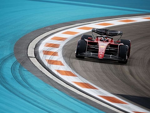 Ferrari's Charles Leclerc on the track during practice ahead of the F1 Grand Prix of Miami at the Miami International Autodrome in Miami, Florida.