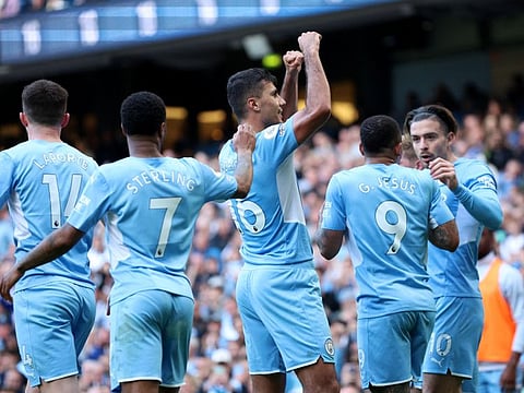 Manchester City's Rodri celebrates scoring their third goal against Newcastle.