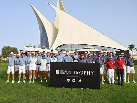 The Pros and Amateurs Teams parade for the Dubai Golf Trophy Team Photos prior to the first match this morning (Sunday) at Dubai Creek Golf & Yacht Club.