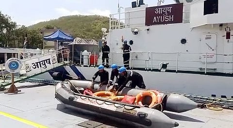 Indian Coast Guard personnel are on standby with relief materials to meet any contingency as Cyclone 'Asani' is predicted to make landfall between North Andhra Pradesh and South Odisha coast on May 11, in Visakhapatnam on Monday, May 9, 2022.