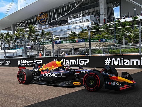 Red Bull Racing's Dutch driver Max Verstappen in action during the Miami Formula One Grand Prix at the Miami International Autodrome in Miami Gardens, Florida.