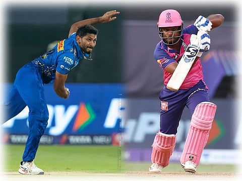 Basil Thampi of the Mumbai Indians and Sanju Samson of the Rajasthan Royals in action at the Tata India Premier League 2022. They are the only two Keralites who have played in the league this season.
