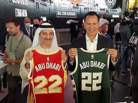Saleh Mohamed Al Geziry, Director General for Tourism at DCT Abu Dhabi and Ralph Rivera, Managing Director, NBA Europe and Middle East during the NBA pre-season games in Abu Dhabi announcement at the Arabian Travel Market, World Trade Centre, Dubai.