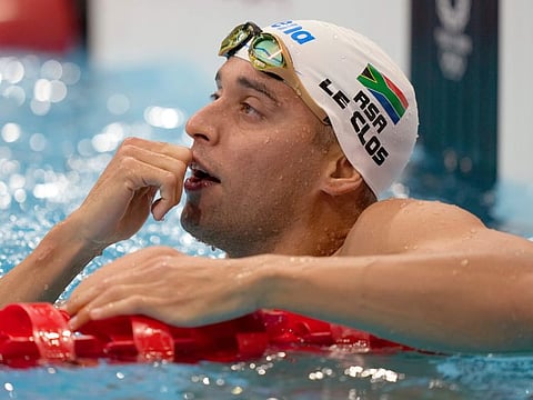 Chad le Clos of South Africa looks up after his swim in a men's 200-metre butterfly semi-final at the 2020 Summer Olympics in Tokyo, Japan.