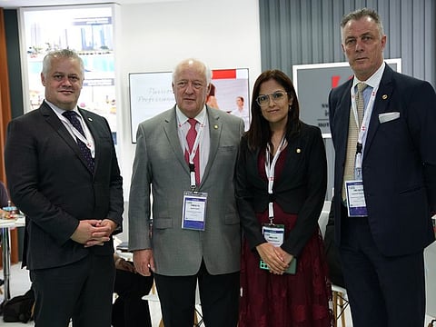 Matthew Faull, Executive Director, SVP – E-Commerce, Distribution and IT; Gavin M. Faull, Chairman and President of Swiss-Belhotel International; and Swiss-Belhotel International; Priyanka Kapoor, Senior Regional Director of Sales and Marketing – Europe, Middle East, Africa and India, and Group Director – Sales, Marketing, Branding and Communications; and Laurent A. Voivenel, SVP – Operations & Development, EMEA & India; SVP– Group Human Resources & Talent Development, Swiss-Belhotel International, at Arabian Travel Market