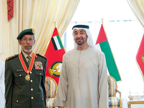 His Highness Sheikh Mohamed bin Zayed Al Nahyan, Crown Prince of Abu Dhabi and Deputy Supreme Commander of the UAE Armed Forces, conferred the Order on Lieutenant General Hamad Mohammed Thani Al Rumaithi during a ceremony held in Abu Mureikha on Thursday.