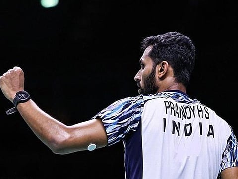 Prannoy HS of India en route to his win in the decisive singles against Denmark in the semi-finals on Friday.