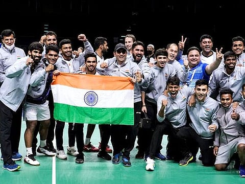 Indian contingent celebrates after winning their maiden Thomas Cup title, defeating Indonesia in the final in Bangkok on Sunday.