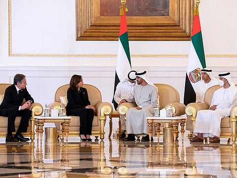 US Vice President Kamala Harris and US Secretary of State Antony Blinken (L) offering condolences to Sheikh Mohamed bin Zayed Al Nahyan (2nd R), President of the UAE and Ruler of Abu Dhabi and Sheikh Abdullah bin Zayed Al Nahyan (R) UAE Minister of Foreign Affairs and International Cooperation at Mushrif Palace in Abu Dhabi.