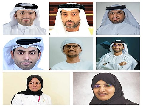 (Top row, L to R): Mohamed Ibrahim Al Raisi, Sheikh Saqr bin Mohammad Al Qasimi, Abdullah Al Nasser; (Middle row, L to R): Mohammed Obaid Rashid Al Shamsi, Abdulla Kazim Hassan Kazim Al Asmakh, Mohammad BinHendi; (Bottom row, L to R): Dr Ayesha Almemari, Dr Khawla Abdul Rahman Al Mulla.