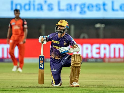 Kolkata Knight Riders opener Ajinkya Rahane takes a break during the Indian Premier League 2022 match against Sunrisers Hyderabad at MCA Stadium in Pune on Saturday.