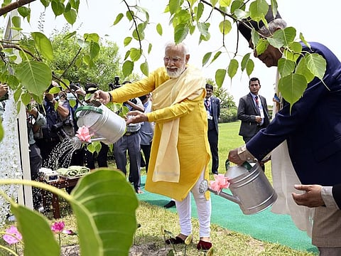 Prime Minister Narendra Modi and Nepalese Prime Minister Sher Bahadur Deuba visit the Maya Devi Temple, in Lumbini on Monday, May 16, 2022.