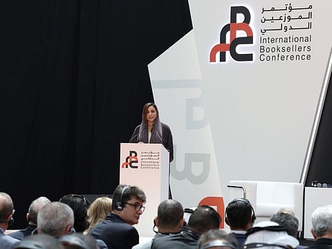 Bodour Al Qasimi delivers the keynote address at the opening ceremony of the International Booksellers Conference in Sharjah.