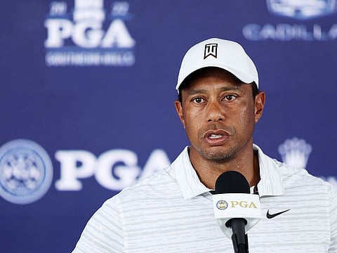 Tiger Woods addresses a press conference after a practice round prior to the start of the 2022 PGA Championship at Southern Hills Country Club on Tuesday.