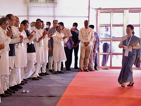 Congress Interim President Sonia Gandhi at the concluding session of the party's Nav Sankalp Chintan Shivir, in Udaipur on Sunday. Party top leaders Rahul Gandhi, Anand Sharma, Ghulam Nabi Azad, Bhupesh Baghel, Kamal Nath and other dignitaries were also present.