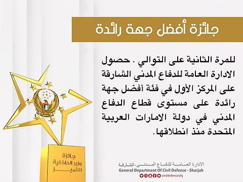 The General Directorate of Civil Defence in Sharjah maintained its run of excellence, winning the top position in the Ministry of Interior Awards for Excellence for the second year in a row since the launch of the awards in 2019.