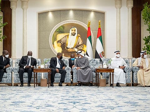 Prince Turki Al Faisal Al Saud (2nd R) and Joao Manuel Lourenco, President of Angola (4th R), offer condolences to President His Highness Sheikh Mohamed bin Zayed Al Nahyan (3rd R) and Sheikh Tahnoon bin Mohamed Al Nahyan, Ruler's Representative in Al Ain Region (R), on the passing of late Sheikh Khalifa bin Zayed Al Nahyan, President of the UAE, at Mushrif Palace.