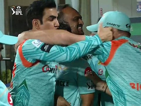 An animated Gautam Gambhir (left), the Lucknow Super Giants mentor, after his team edges past Kolkata Knight Riders to ensure a play-offs spot.