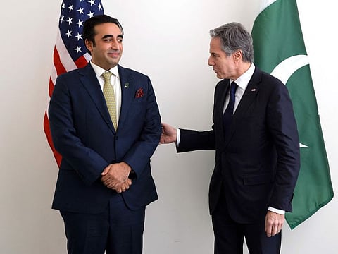 US Secretary of State Antony Blinken (right) meets with Pakistani Foreign Minister Bilawal Bhutto Zardari at United Nations headquarters in New York on May 18, 2022.