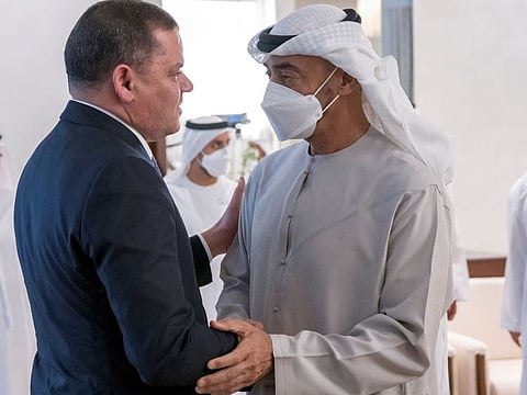 President His Highness Sheikh Mohamed bin Zayed Al Nahyan on Saturday received condolences from Abdul Hamid Al-Dabaiba, Prime Minister of the Libyan Government of National Unity.