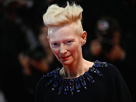 British actress Tilda Swinton leaves the Festival Palace following the screening of the film "Three Thousand Years of Longing" during the 75th edition of the Cannes Film Festival in Cannes, southern France, on May 20, 2022.