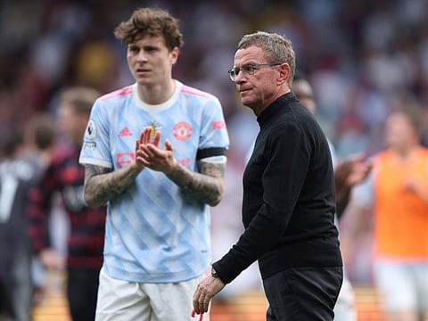 Manchester United's manager Ralf Rangnick (right) reacts after their loss in the English Premier League match against Crystal Palace at Selhurst Park stadium in London.