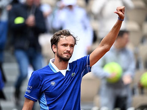 Russia's Daniil Medvedev celebrates winning his first round match against Argentina's Facundo Bagnis.