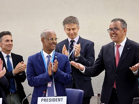 Dr Tedros, Director-General of the World Health Organization (WHO), celebrates his re-election during the 75th World Health Assembly at the United Nations in Geneva, Switzerland, May 24, 2022.