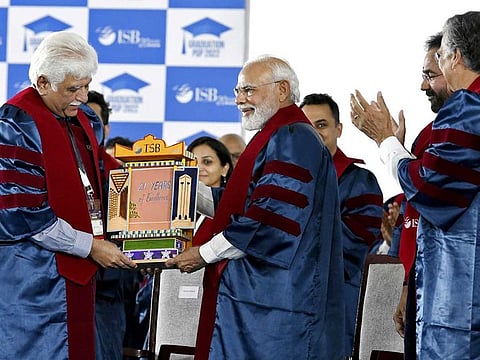 Prime Minister Narendra Modi at the graduation ceremony of the PGP Class of 2022, at ISB in Hyderabad on Thursday, May 26, 2022.