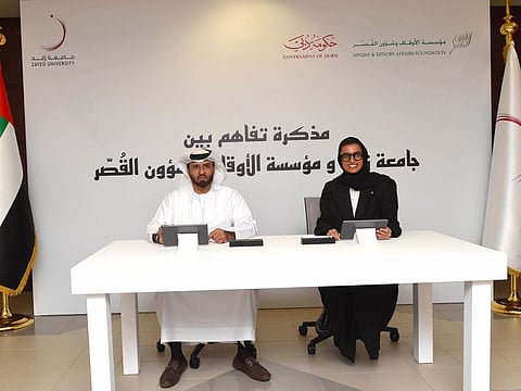 The agreement was signed by (right) Noura bint Mohamed AlKaabi, Minister of Culture and Youth and President of Zayed University and Ali Al Mutawa, secretary General of the Awqaf and Minors Affairs Foundation.