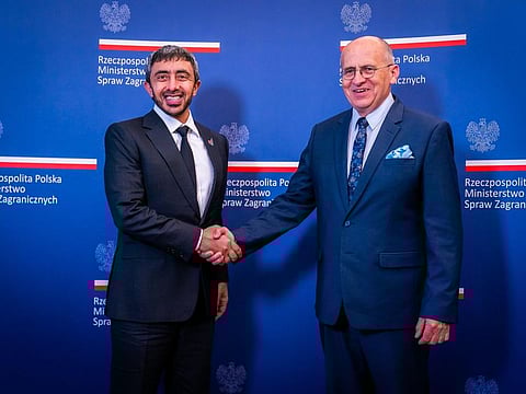 Sheikh Abdullah bin Zayed Al Nahyan, UAE Minister of Foreign Affairs and International Cooperation, with Zbigniew Rau, Minister of Foreign Affairs of Poland, in Warsaw.