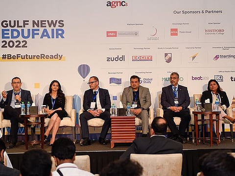 (from left) Prof. Mohamed Deriche, Professor, Ajman University, Dr Kholoud Salameh, Assistant Professor in the Computer Science and Engineering Department, American University of Ras Al Khaimah (AURAK), Stuart Lawson, Associate Professor, DMU Dubai Campus, Associate Head, School of Art, Design & Architecture, Dr. Rajesh Jayakar Pai, Associate Head - PG Courses, Manipal Academy of Higher Education, Dubai Campus, Dr. Hussein M Elemhdi, Dean of Academic Support Services and the Acting Director of the Information Technology Center, University of Sharjah and Dr. Kavita Shukla, Vice President of Student Affairs, Amity University Dubai during sessions "Education to employment: Degrees and skills to thrive in the future of work" at the Gulf News Edufair in Dubai.