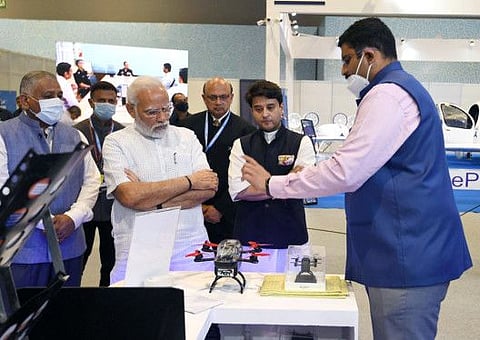 Prime Minister Narendra Modi at the Bharat Drone Mahotsav at Pragati Maidan, in New Delhi on Friday, May 27, 2022.