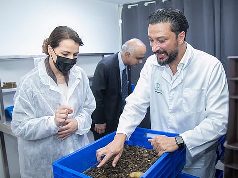 Minister of Climate Change and Environment Mariam bint Mohammed Almheiri (L) being briefed on how the process works