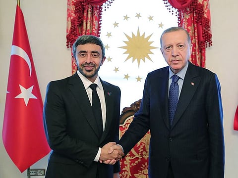 Sheikh Abdullah bin Zayed Al Nahyan (L), Minister of Foreign Affairs and International Cooperation with President of Turkey Recep Tayyip Erdoğan in Istanbul