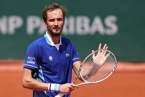 Daniil Medvedev reacts after winning against Serbia's Miomir Kecmanovic during their men's singles match on day seven of the Roland-Garros Open tennis tournament at the Court Suzanne-Lenglen in Paris.