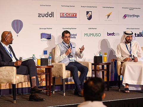 Dr Aman Puri (centre), Consul General of India in Dubai; Marwan Hadi (R), head of Retail Banking for UAE at Emirates NBD; and session moderator Sai Narain CDK, founder and CEO of HubaBuva Management Consultancy (L)