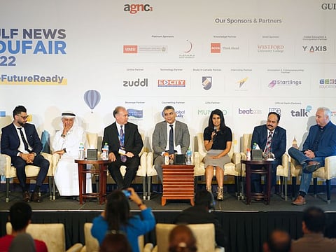 (L to R) Dr Naveed Yasin, Professor of Entrepreneurship and Coordinator for Interdisciplinary Enterprise Education, Canadian University Dubai, Dr Eesa Mohammed  Bastaki, President, University of Dubai, Daniel Adkins, Group CEO, Transnational Academic Group, Curtin University Dubai, Mohammad Meraj, Head of Academic Professional Services and Quality and Lecturer in Business, Middlesex University Dubai, Roshini Barot, Employer Engagement and Skills Development Manager, University of Birmingham Dubai, Dr Sudhir Rana, Associate Professor and Program Director, Gulf Medical University, Jan Horn, Managing Director, Sae Creative Media