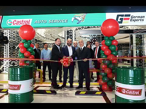 Robert Gerritsen, General Manager of Castrol lubricants, UAE; Ibrahim Ezaldeen, Managing Director of German Experts Car Maintenance, Dubai; and Mohammed Aqel, General Manager of Central Trading Company, Dubai at the inauguration of the first carbon-neutral automobile workshop in the Middle East