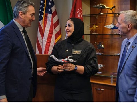 Sheikha Mozah bint Marwan Al Maktoum with officials at the the US helicopter headquarters of Leonardo in Philadelphia.