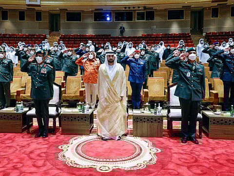 Sheikh Hamdan Bin Mohammed during the graduation ceremony of the ninth batch of the National Defence Course in Abu Dhabi on Tuesday.