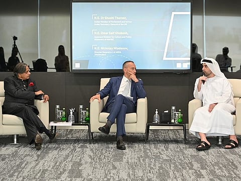 (L to R) Dr Shashi Tharoor, Nickolay Mladenov, and Omar Saif Ghobash during the discussion at the academy