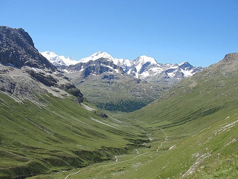 The Val da Fain Valley in Switzerland near Piz Bernina.