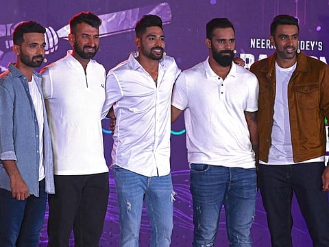 From left: Indian players Ajinkya Rahane, Cheteshwar Pujara, Mohammed Siraj, Hanuma Vihari and Ravichandran Ashwin attend the launch ceremony of the upcoming web series in Mumbai on Wednesday.